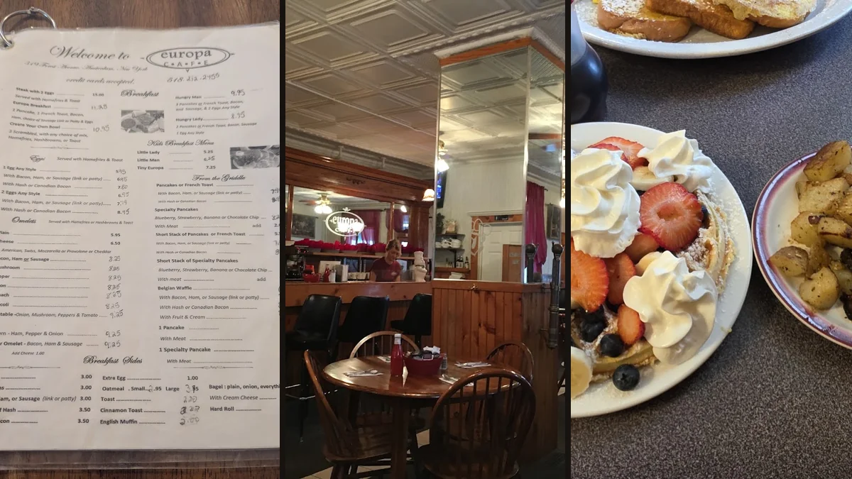 Cozy café tables with breakfast plates