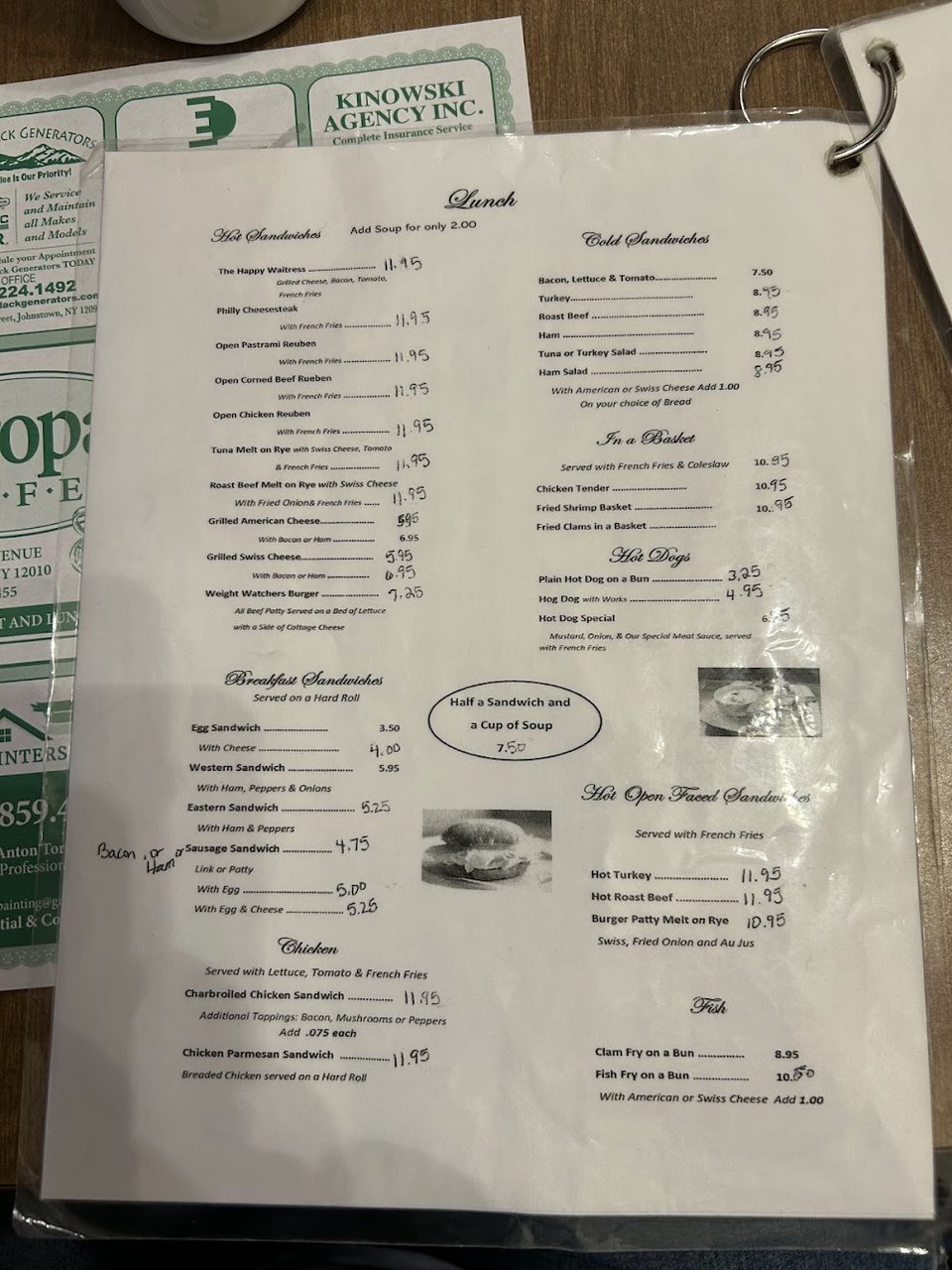 Printed menu with soups and salads